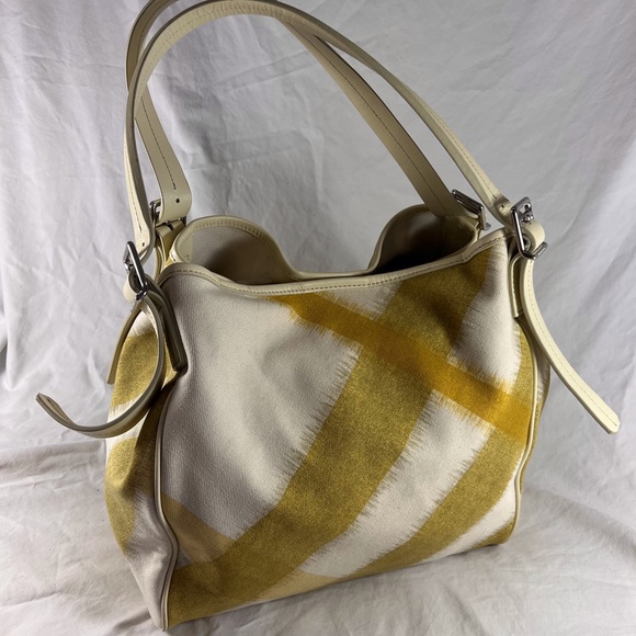 BURBERRY Off White Canvas and Different Hues of Yellow Lines Tote Shoulder Bag - Picture 15 of 17